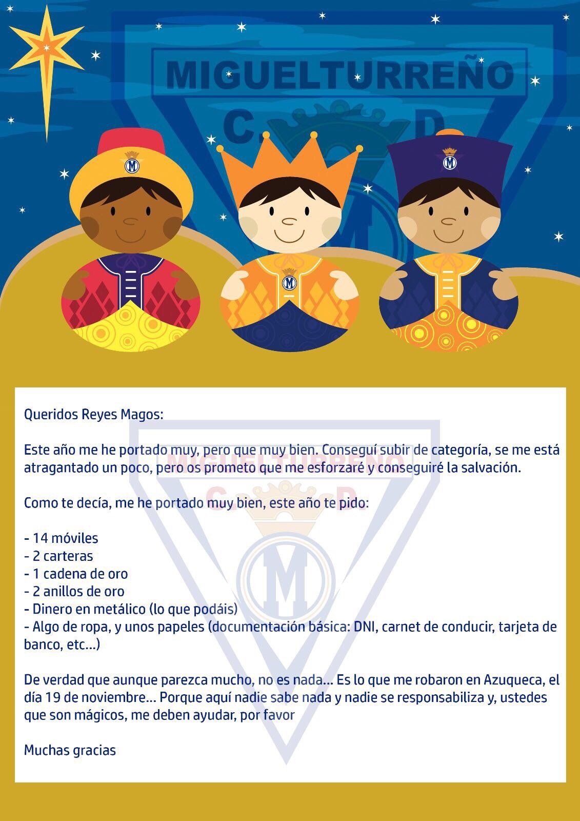 Esta es la carta del Club Deportivo Miguelturreo a los Reyes Magos