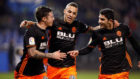 Mina, Rodrigo y Guedes celebrando el segundo gol del Valencia.