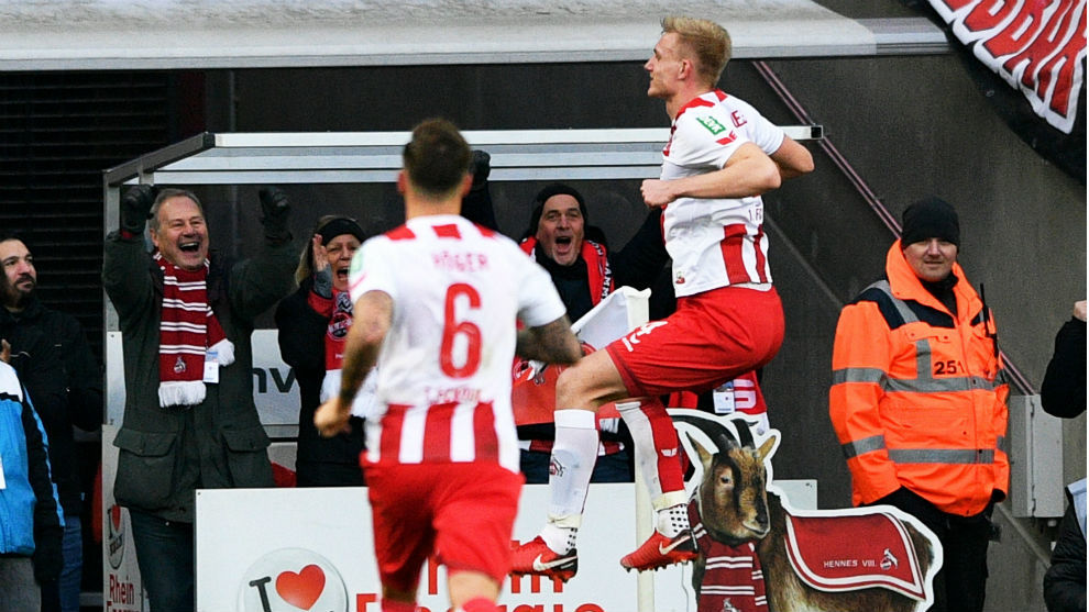 Frederik Sorensen celebra el 1-0 del Colonia.