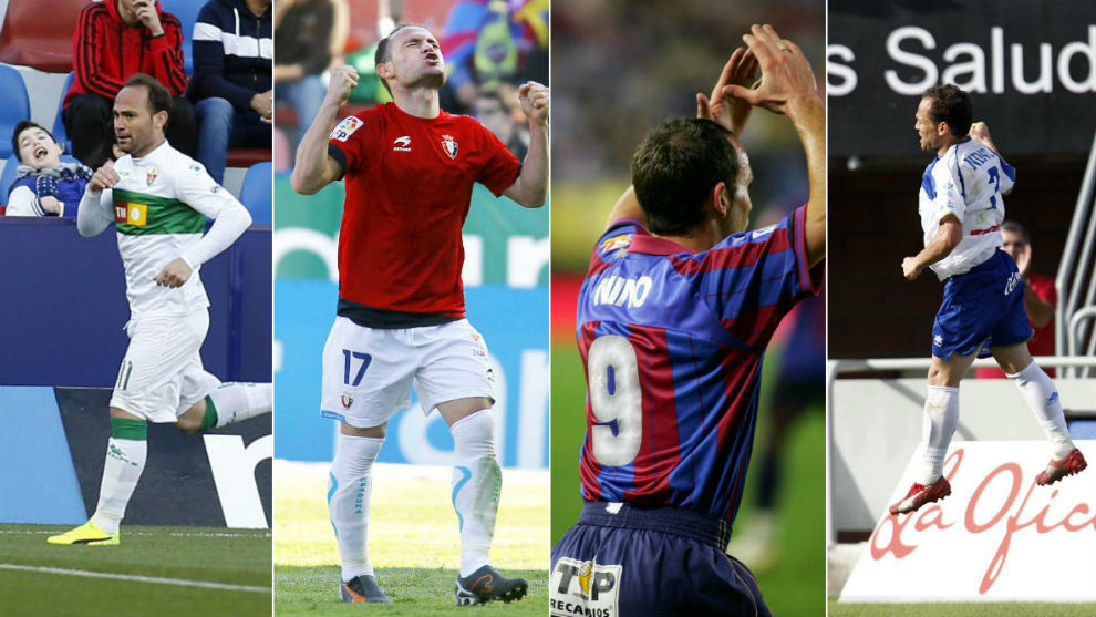 Nino celebra goles con Elche, Osasuna, Levante y Tenerife