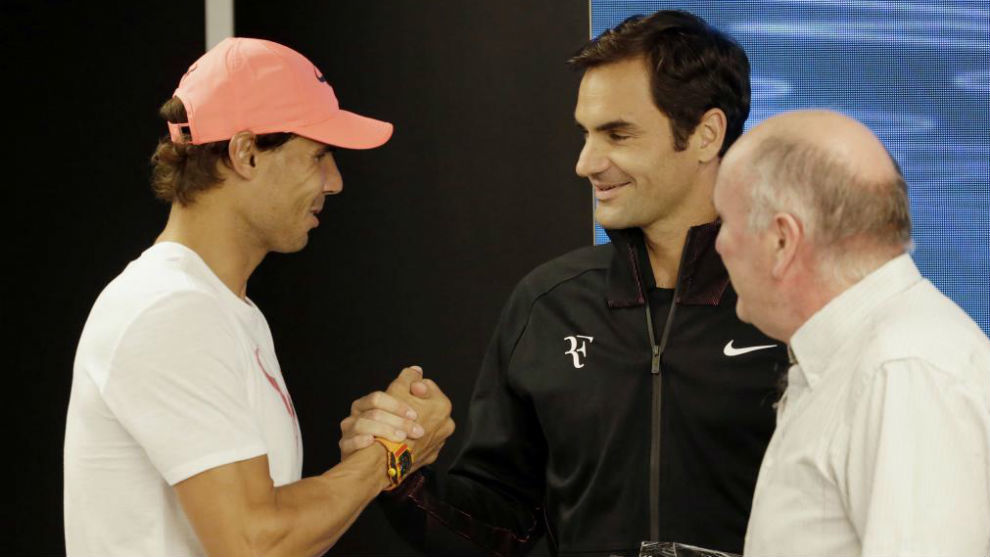 Rafa Nadal y Roger Federer en la previa del Open de Australia.