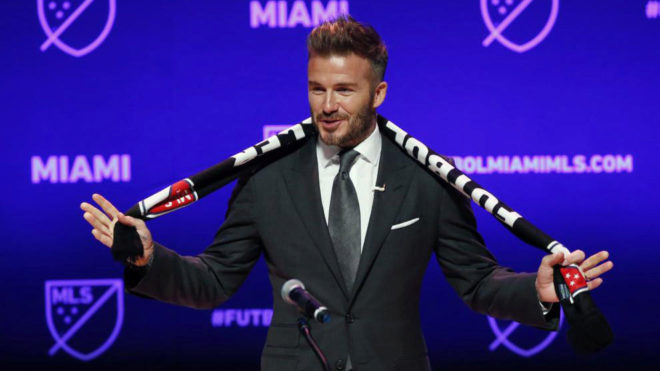 Beckham, durante la presentacin de su franquicia de la MLS en Miami