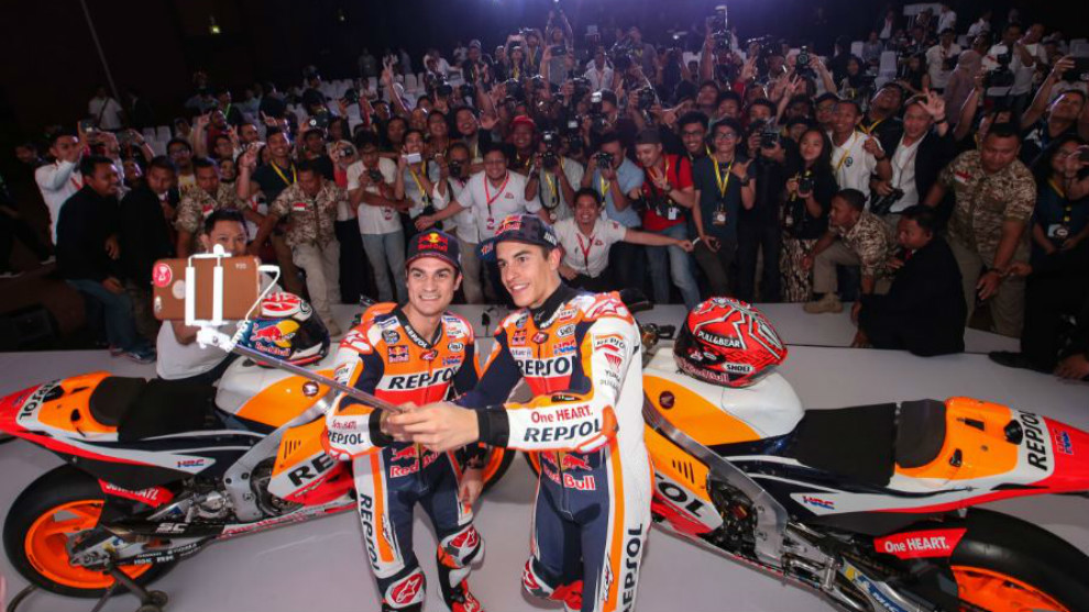 Mrquez y Pedrosa, durante la presentacin de Honda en Yakarta