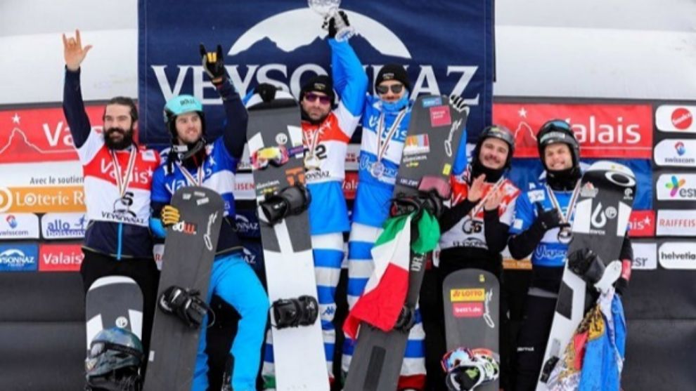 Lucas y Regino en el podio de SBX, en Veysonnaz (Suiza)