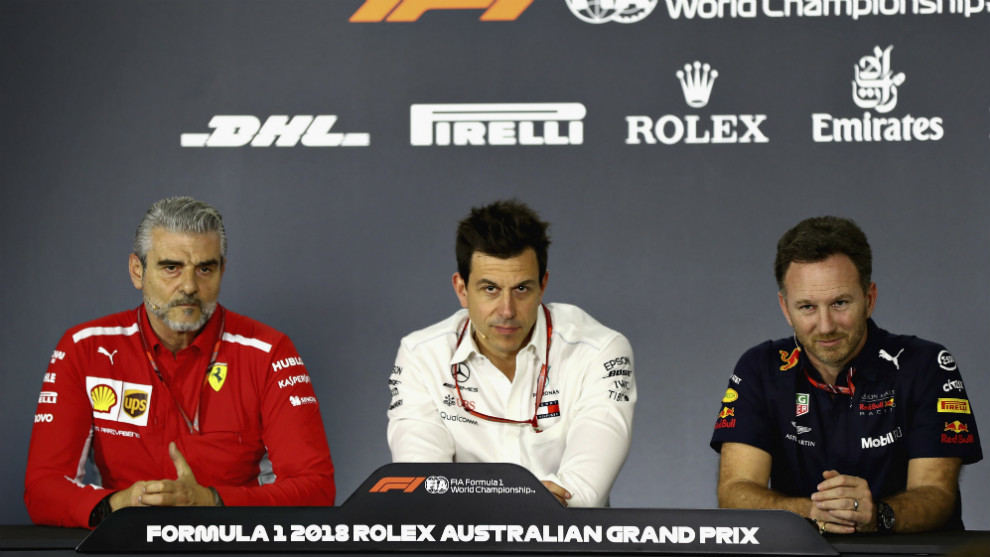 Maurizio Arrivabene(Ferrari), Toto Wolff (Mercedes) y Christian Horner...