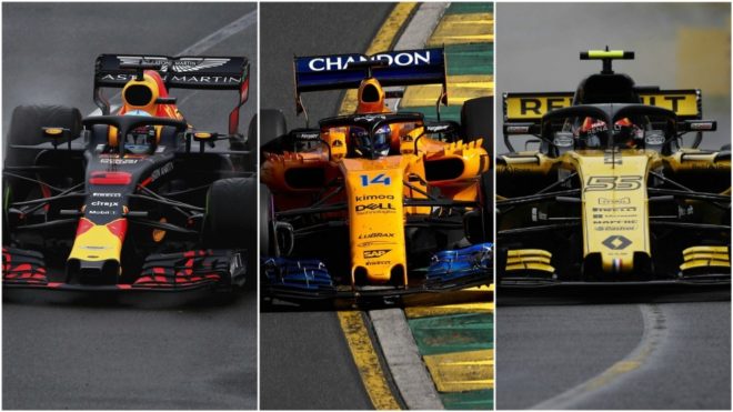 Ricciardo (Red Bull), Alonso (McLaren) y Sainz (Renault).