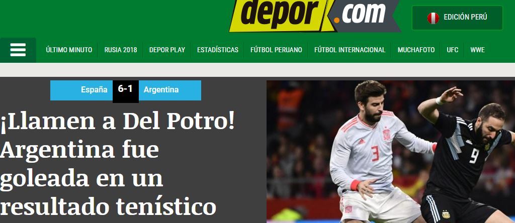 Depor.com (Per): Llamen a Del Potro! Argentina fue goleada (6-1)...