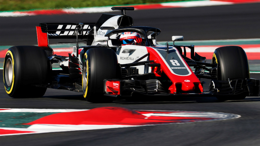 Romain Grosjean, con el Haas VF18, en los test de Montmel