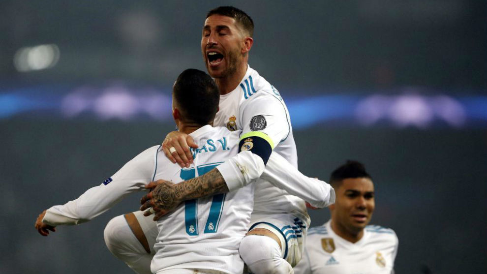 Ramos y Lucas celebran un gol en Champions
