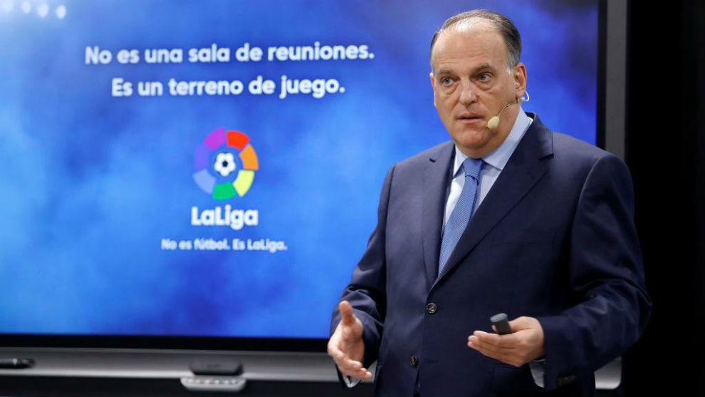 Javier Tebas durante un conferencia en la sede de LaLiga.