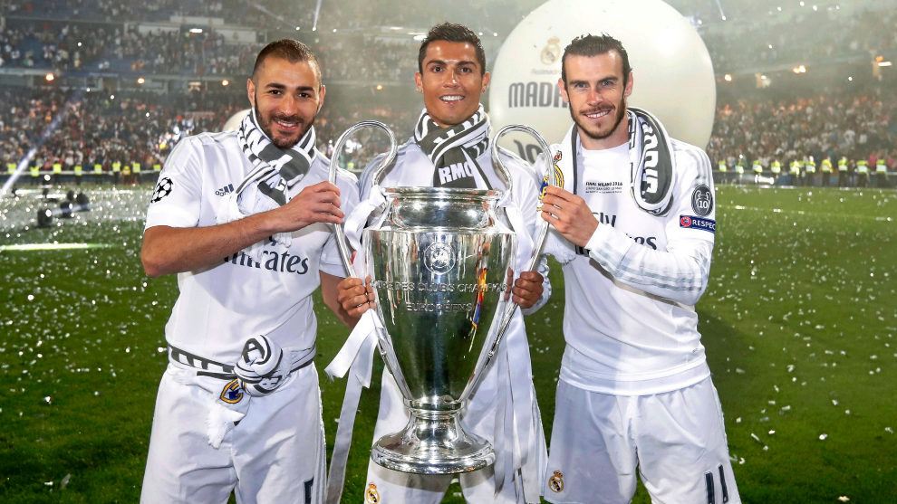 Benzem, Cristiano y Bale durante la celebracin de la Champions