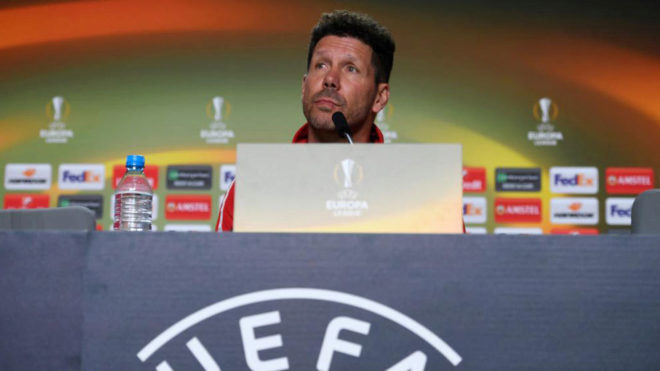 Diego Pablo Simeone, durante la rueda de prensa previa al partido del...