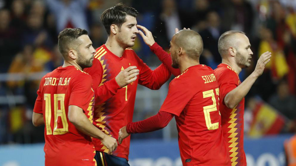 Morata celebra un gol con Espaa.