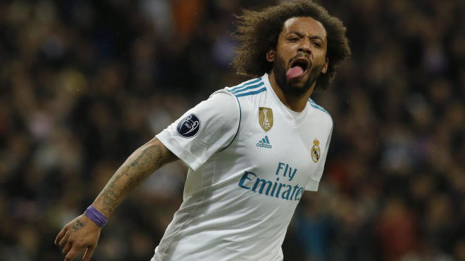 Marcelo celebra un gol con el Madrid.