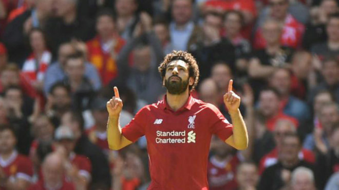 Salah celebra su gol al Brighton.