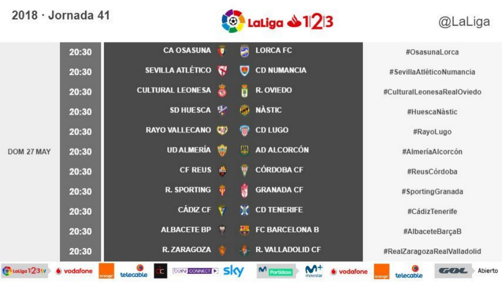 Retener Vista negar Liga 123: Horarios de la jornada 41ª: todo en juego el domingo a las 20.30  horas | Marca.com
