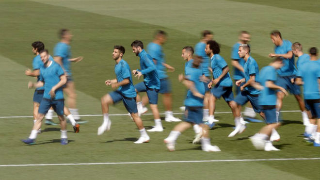La plantilla del Real Madrid, durante una sesin en Valdebebas