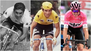 Eddy Merckx, Bernard Hinault y Chris Froome.