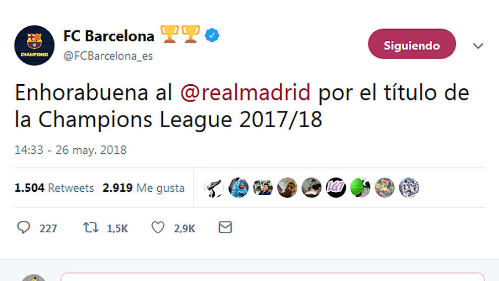 El Barcelona felicita al Madrid por su decimotercera Champions