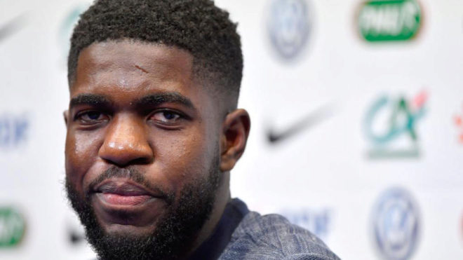 Samuel Umtiti attends a press conference at the France&apos;s training camp...