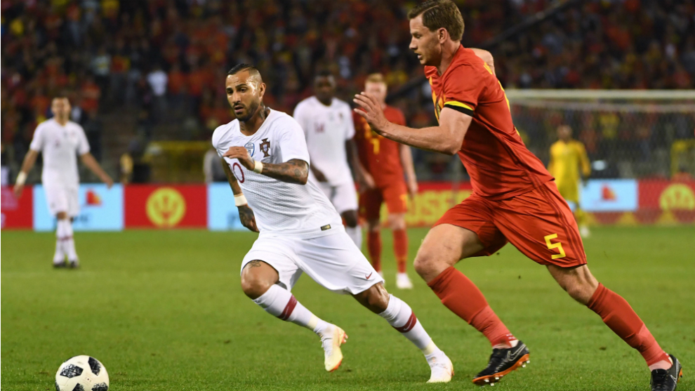Belgium&apos;s defender Jan Vertonghen vies with Portugal&apos;s forward Ricardo...