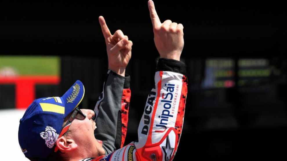 TOPSHOT - Ducati Teams Spanish rider Jorge Lorenzo celebrates after...