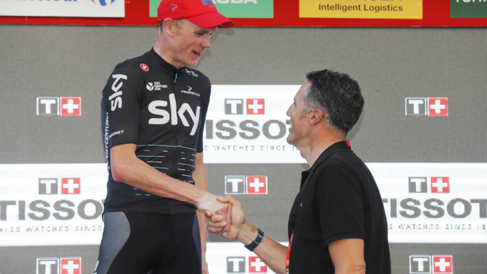 Indurain saludando a Froome en la Vuelta a Espaa del ao pasado.