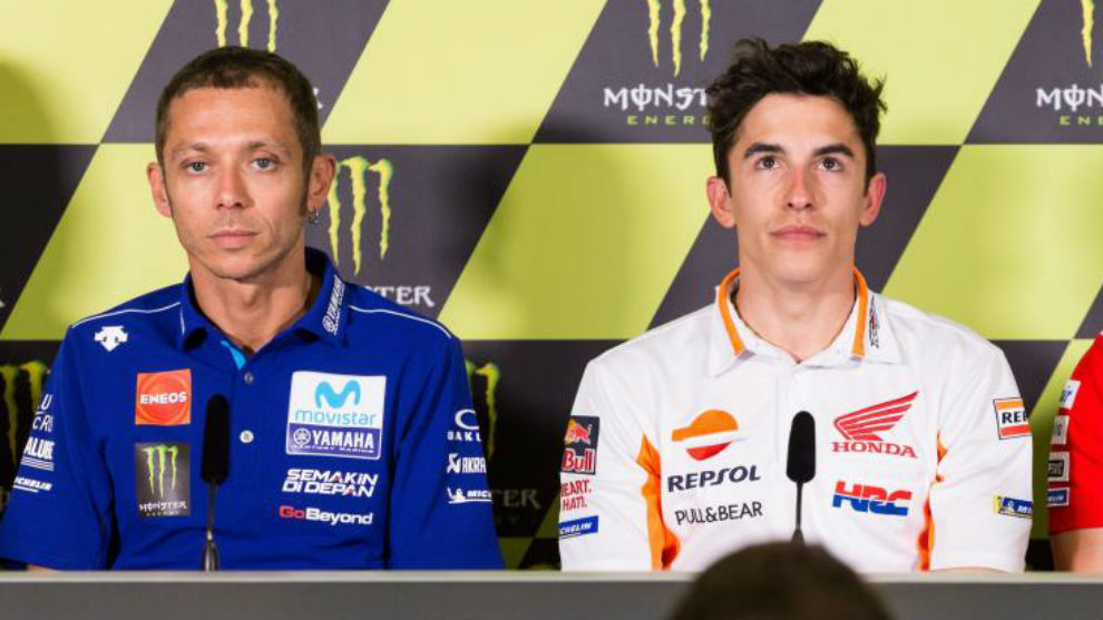 Rossi y Mrquez, durante la rueda de prensa de hoy en Montmel.