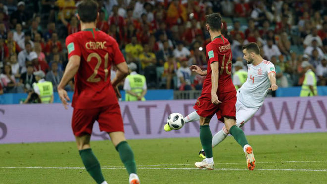 Nacho Fernandez scores a goal during the match between Portugal and...