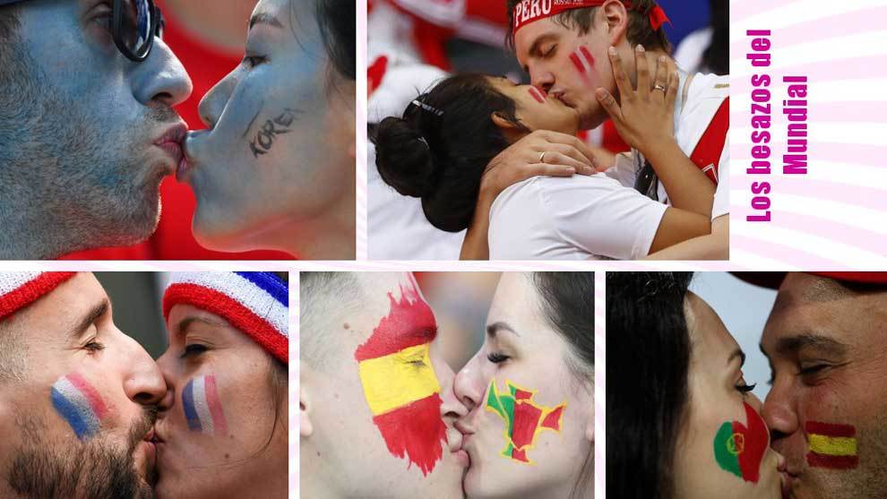 Fans kiss each other during the Russia 2018 World Cup.
