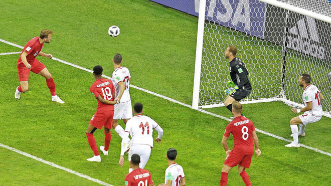Harry Kane scores the second goal against Tunisia.