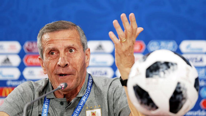 Uruguay&apos;s head coach Oscar Tabarez attends a press conference in...