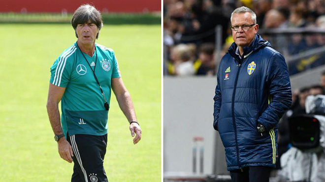 Germany&apos;s coach Joachim Low and Sweden&apos;s coach Janne Andersson