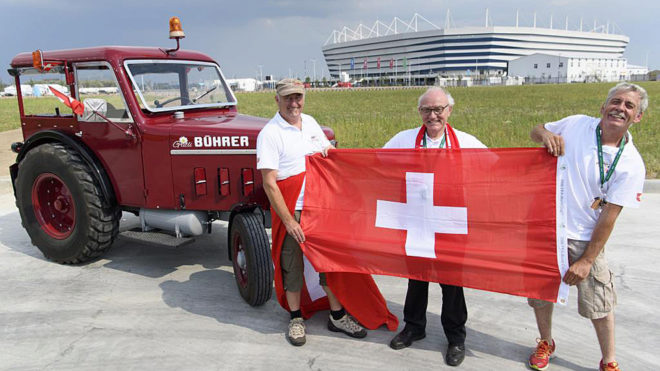 Swiss football fans Beat Studer, Josef Wyer and Werner Zimmermann