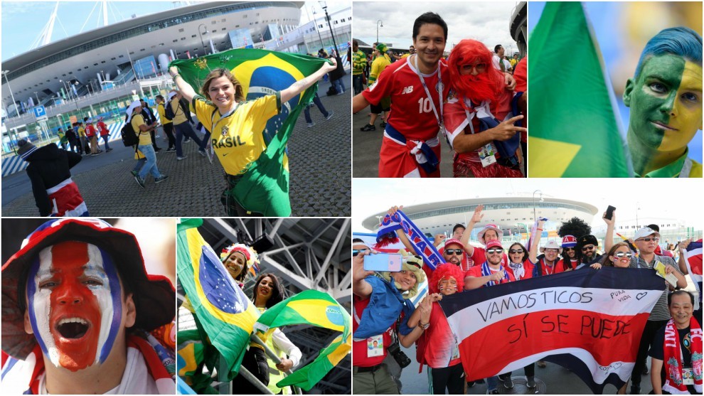 Aficionados de Brasil y Costa Rica ponen el color en las calles de San...