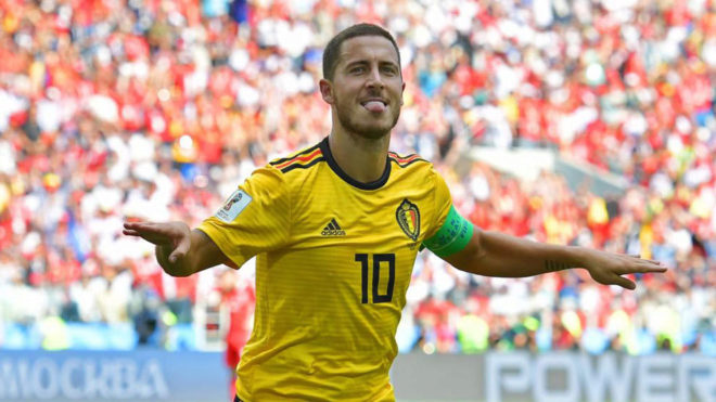 Eden Hazard celebrates after scoring the 4-1 lead during the match...