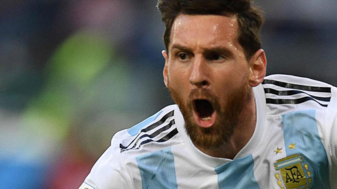 Lionel Messi celebrates his goal during the match between Nigeria and...