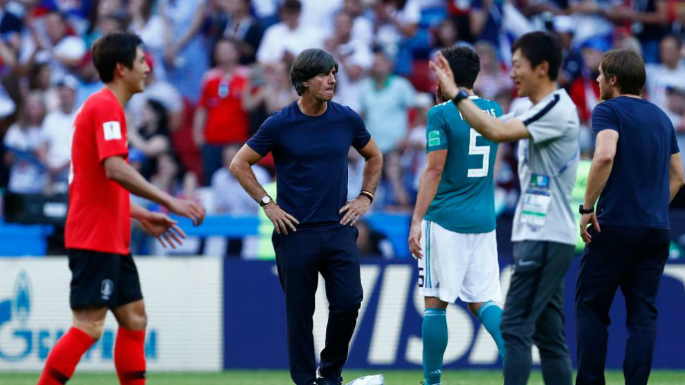 Joachim Low reacts after his team did not qualify following the Russia...