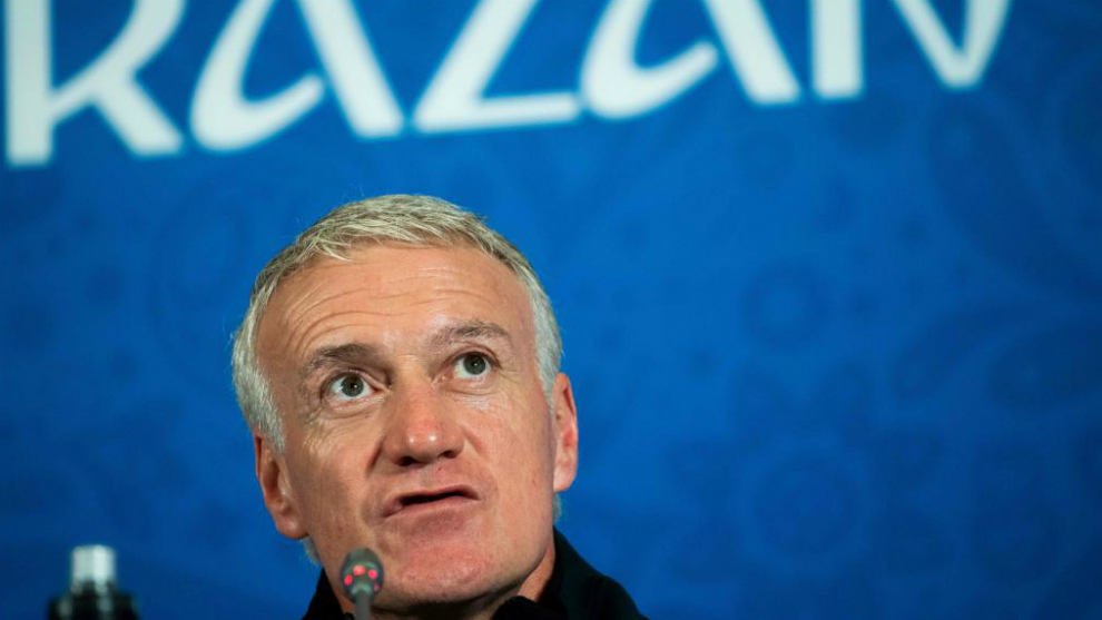 France&apos;s head coach Didier Deschamps answers questions during a press...