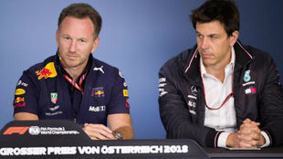 Horner y Wolff durante la rueda de prensa de hoy en el Red Bull Ring.