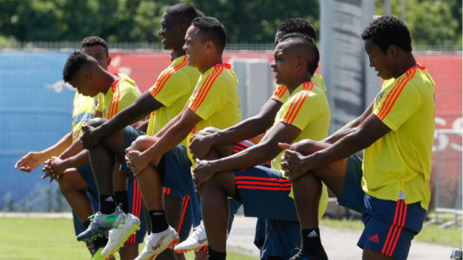 Los jugadores de Colombia, durante un entrenamiento
