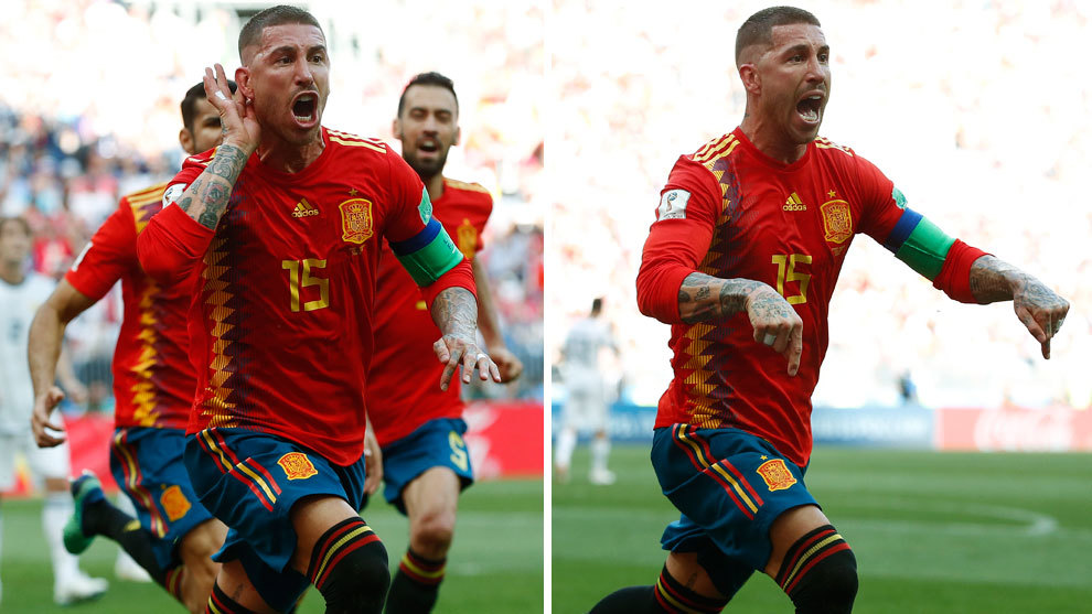 Sergio Ramos celebra el 1-0 de Espaa ante Rusia
