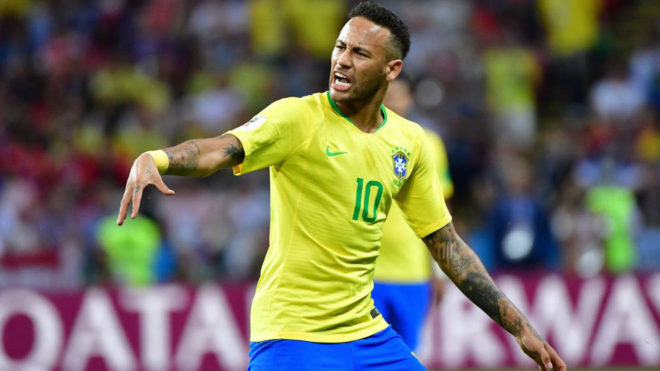 Brazil&apos;s forward Neymar reacts during the match between Brazil and...