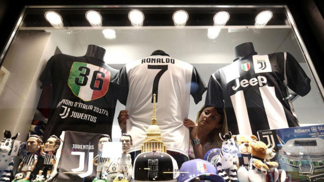 A Cristiano Ronaldo&apos;s Juventus jersey in a shop in downtown Turin.