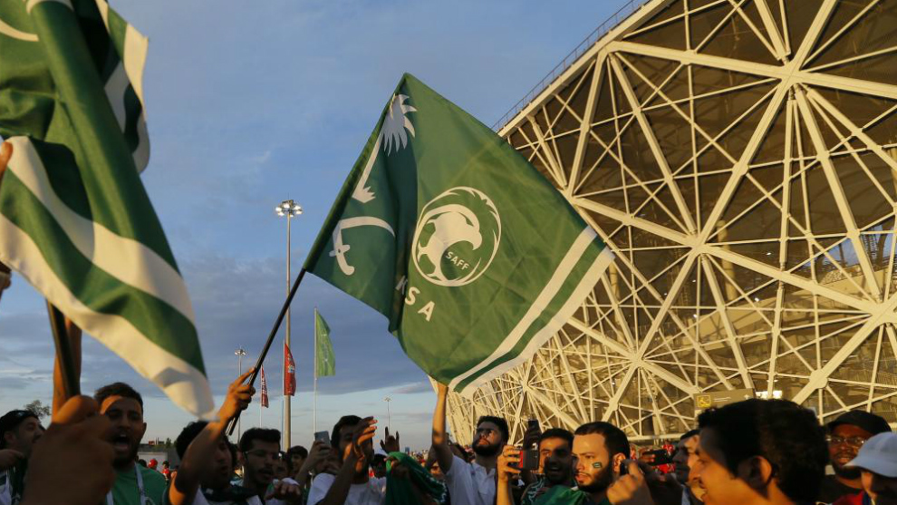 Supporters of Saudi Arabia celebrate outside the Vologograd Arena.
