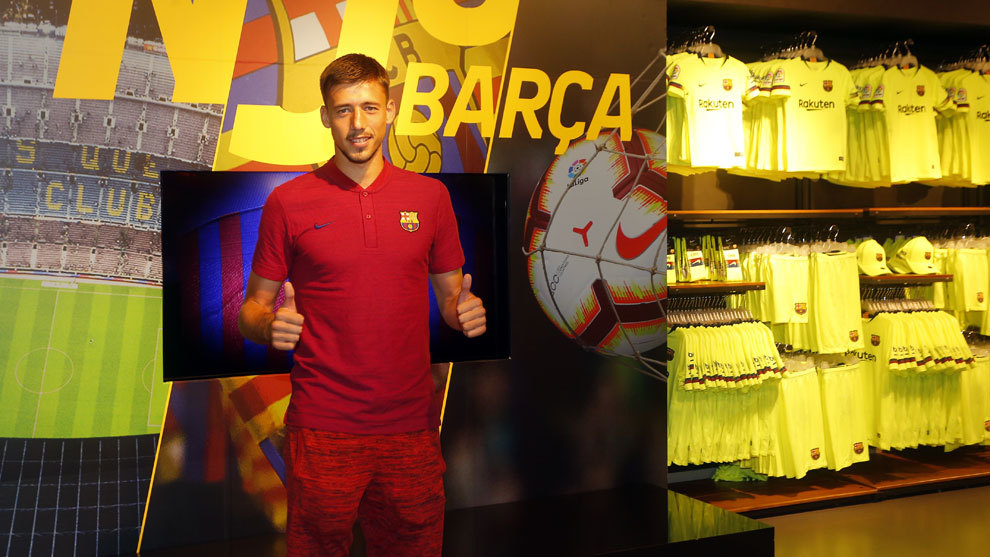 Lenglet poses at the Camp Nou stadium in Barcelona