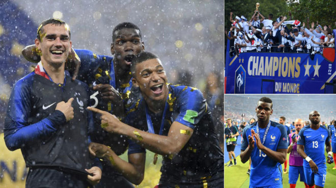 Jugadores de la seleccin de Francia celebrando la victoria en el...