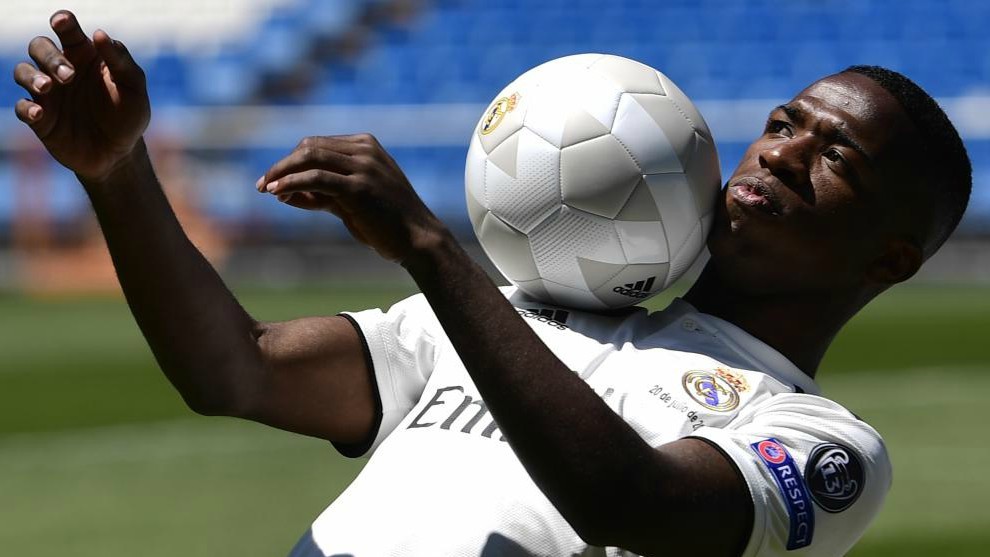 Real Madrid&apos;s new Brazilian forward Vinicius Junior controls a ball
