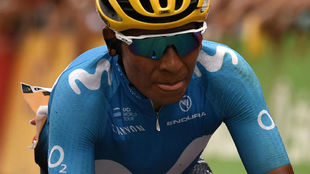 Nairo Quintana entrando en la meta de la etapa.