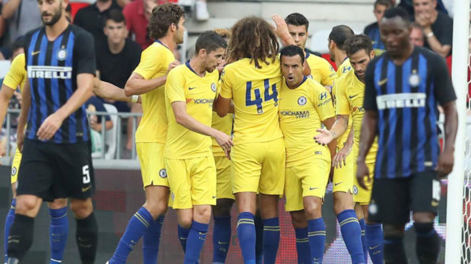 Chelsea&apos;s Spanish forward Pedro celebrates after scoring a goal.